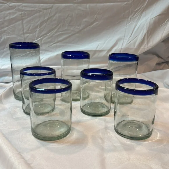 Set of 7 Hand Blown Mexican Bubble Glasses With Cobalt Blue Rim, Various Sizes - Picture 2 of 5